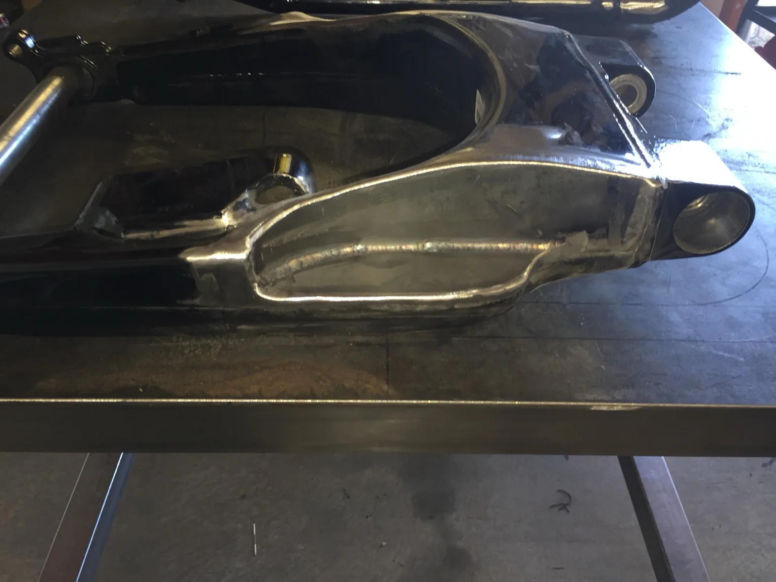 Finished metalwork on modified Harley swingarm